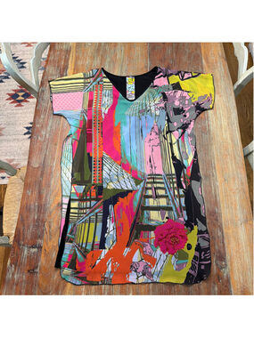VOLT Design Layered Graphic Print Overlay Tunic Dress 2 M Abstract Art to Wear